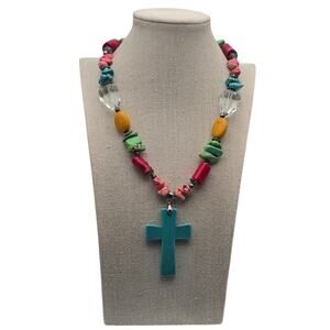 Turquoise Cross Multicolor Beaded Necklace Pendant - Boho Southwest Statement